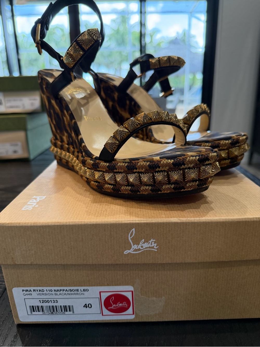 Christian Louboutin Leopard Print Wedge Sandals with Gold Braided Trim